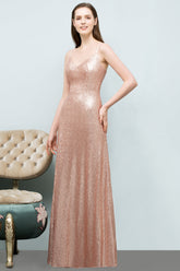 Chic V-Neck Spaghetti-Straps Sequined Long Bridesmaid Dresses Affordable-27dress